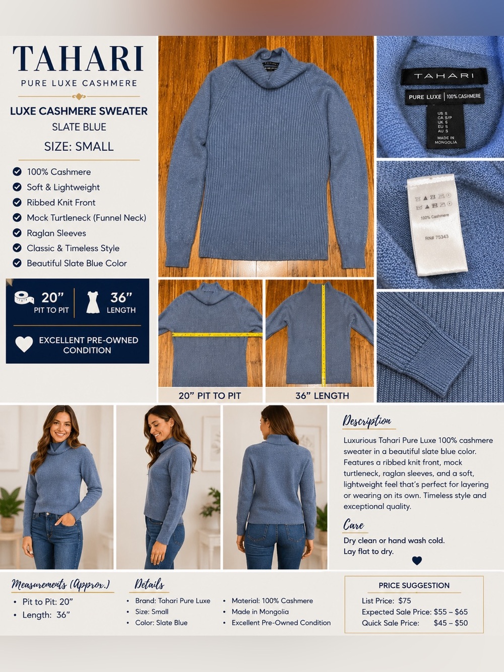 Tahari Pure Luxe 100% Cashmere Ribbed Sweater | Slate Blue | Size Small